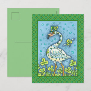 GREEN POLKA DOT FLAMINGO, FUNNY ST. PATRICK'S DAY HOLIDAY POSTCARD