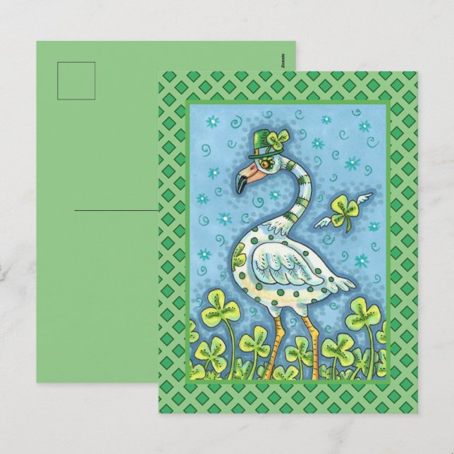 GREEN POLKA DOT FLAMINGO, FUNNY ST. PATRICK'S DAY HOLIDAY POSTCARD (Front/Back)