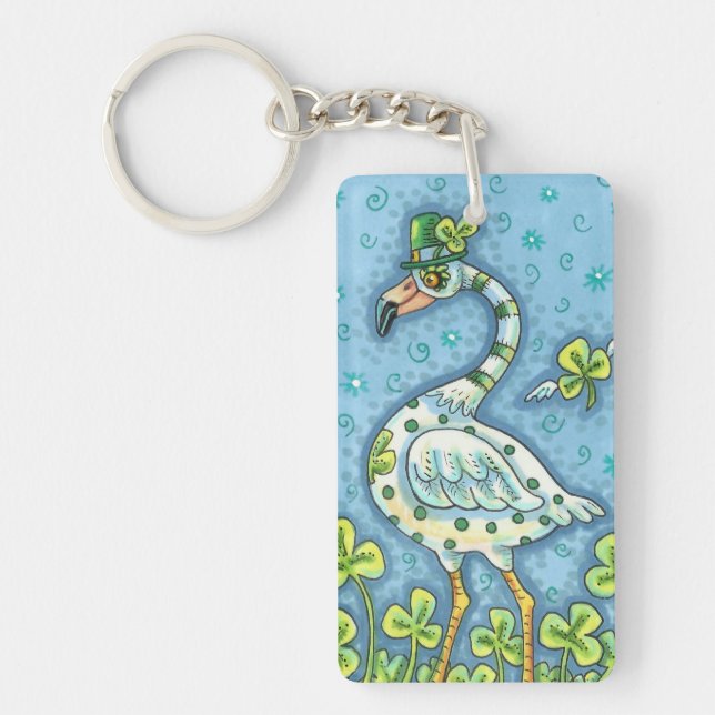 GREEN POLKA DOT FLAMINGO, FUNNY ST. PATRICK'S DAY KEYCHAIN (Front)