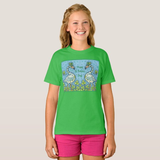 GREEN POLKA DOT FLAMINGOS, FUNNY ST. PATRICK'S DAY T-Shirt (Front Full)