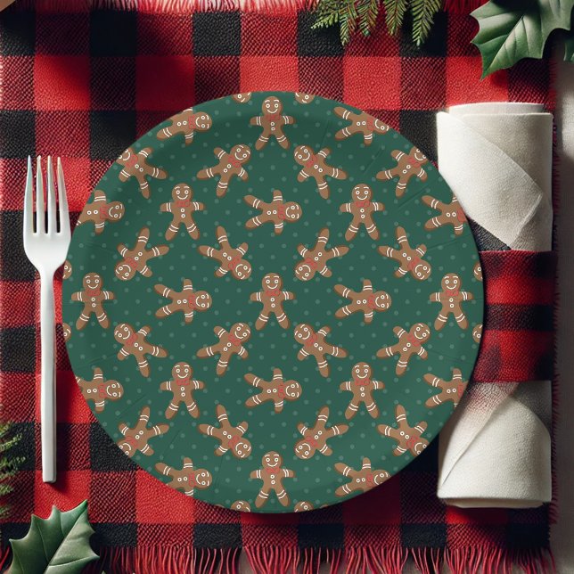Green Polka Dot Gingerbread Man Christmas Paper Plates (Creator Uploaded)