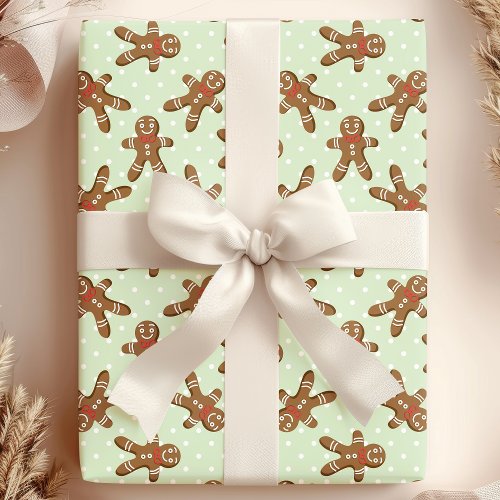 Green Polka Dot Gingerbread Man Christmas Wrapping Paper