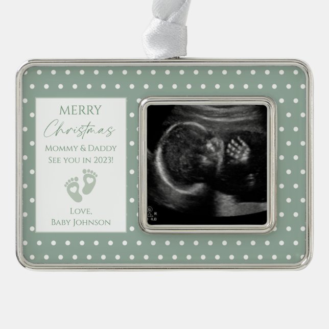 Green Polka Dot New Baby Ultrasound Photo Christmas Ornament (Front)