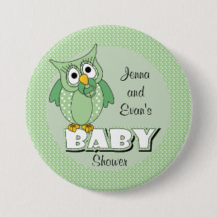 Green Polka Dot Owl Baby Shower Theme Button