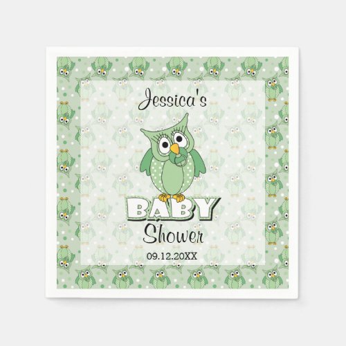 Green Polka Dot Owl Baby Shower Theme Napkins