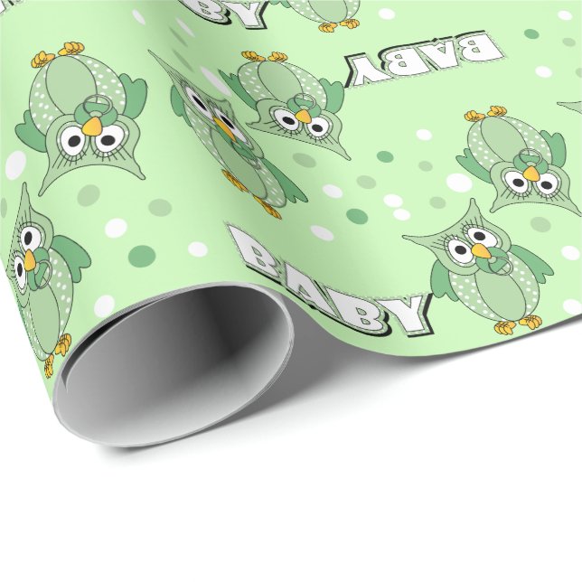 Green Polka Dot Owls for a Baby Shower Theme Wrapping Paper (Roll Corner)