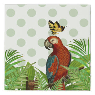 Green Polka Dot, Parrot and Butterfly Faux Canvas Print