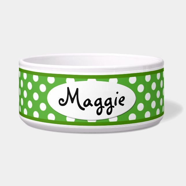 Green Polka Dot Personalized Ceramic Dog Bowl (Front)