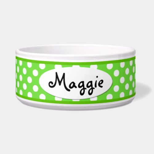 Green Polka Dot Personalized Ceramic Dog Bowl