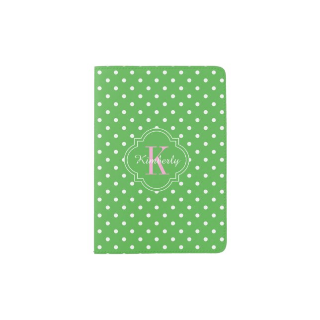 Green Polka Dot Pink Monogram Passport Holder (Front)