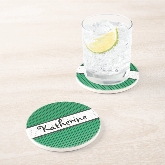 Green Polka Dot Scallops Personalized Name Drink Coaster (Side)