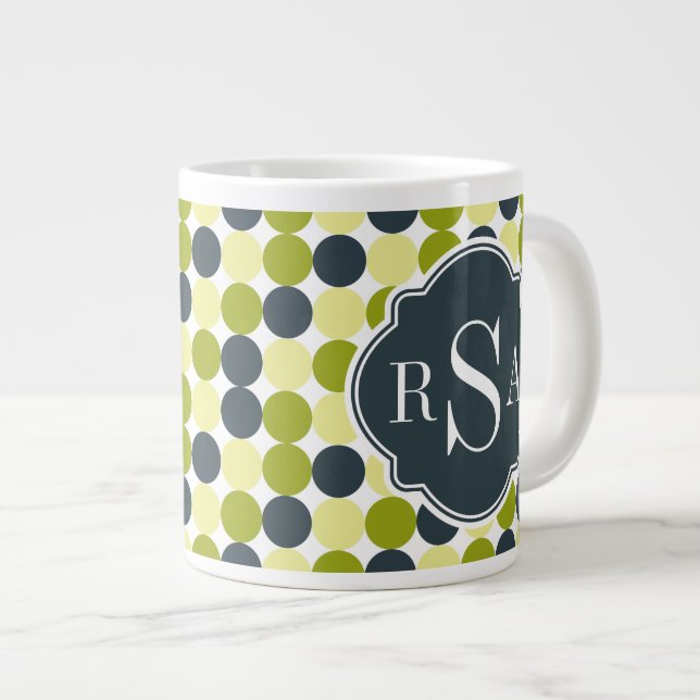 Green Polka Dots and Blue Monogram Giant Coffee Mug (Front Right)