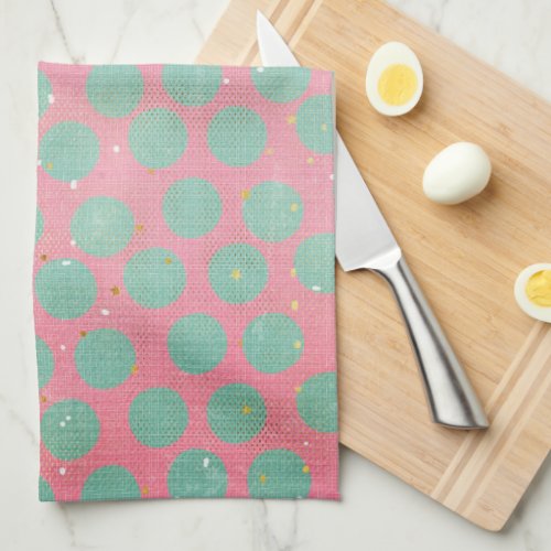 Green Polka Dots and Gold Stars on a Red Kitchen Kitchen Towel