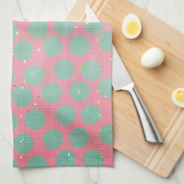 Green Polka Dots and Gold Stars on a Red Kitchen Towel (Quarter Fold)