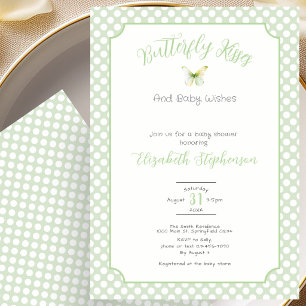Green Polka Dots Butterfly Kisses Baby Wishes  Invitation