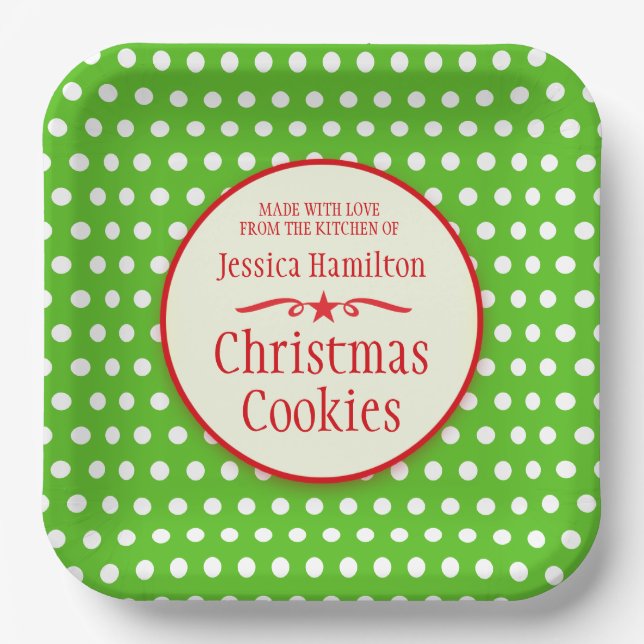 Green polka dots cookie swap baking gift  paper plates (Front)