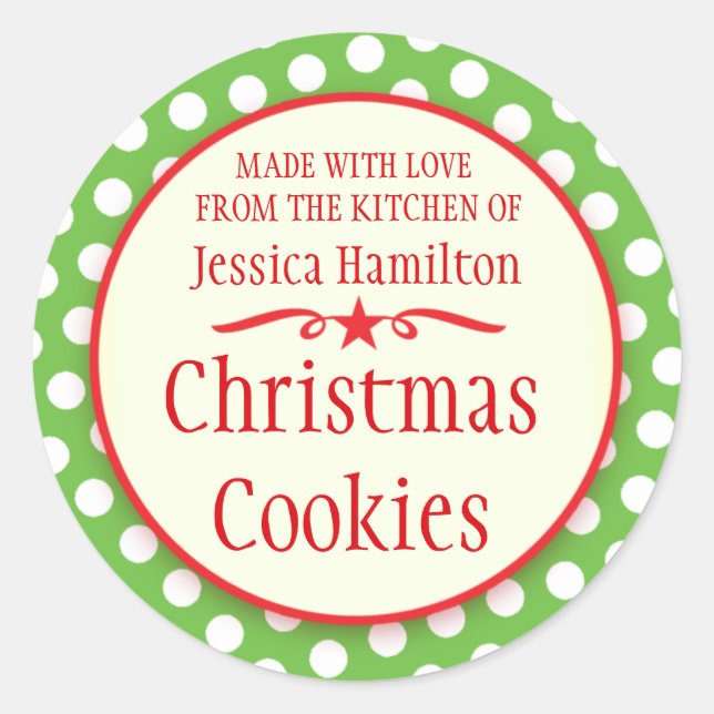 Green polka dots cookie swap baking gift stickers (Front)