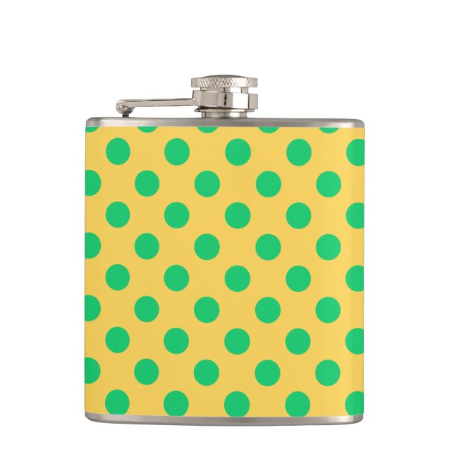Green polka dots on yellow hip flask (Front)