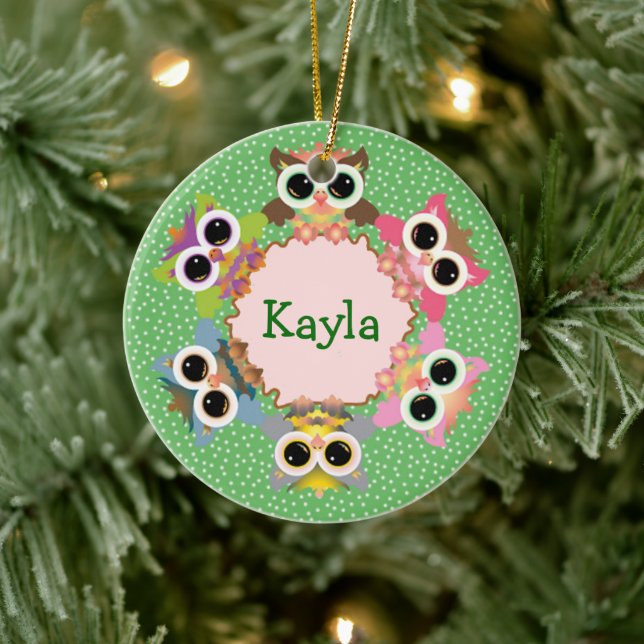 Green Polka Dots Owl Wreath Ceramic Ornament (Tree)