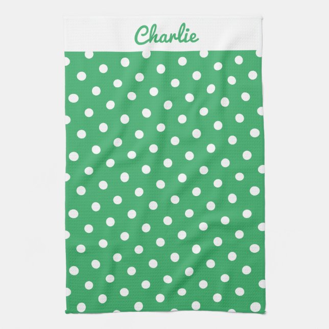 Green Polka Dots Pattern Stylish Personalized Kitchen Towel (Vertical)