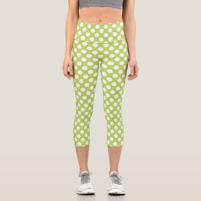 Green Polka Dots, Polka Dot Pattern, Dots, Dotted Capri Leggings (Front)