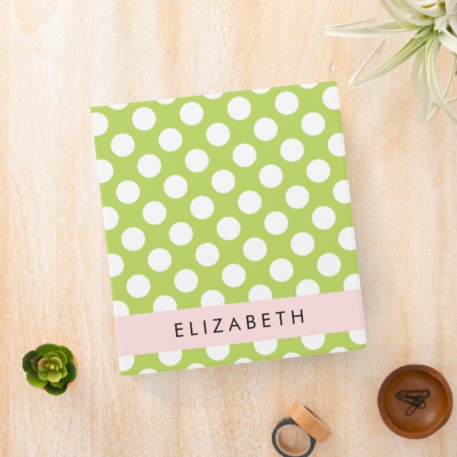 Green Polka Dots, Polka Dot Pattern, Your Name 3 Ring Binder (In Situ)
