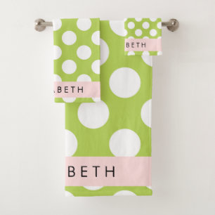 Green Polka Dots, Polka Dot Pattern, Your Name Bath Towel Set