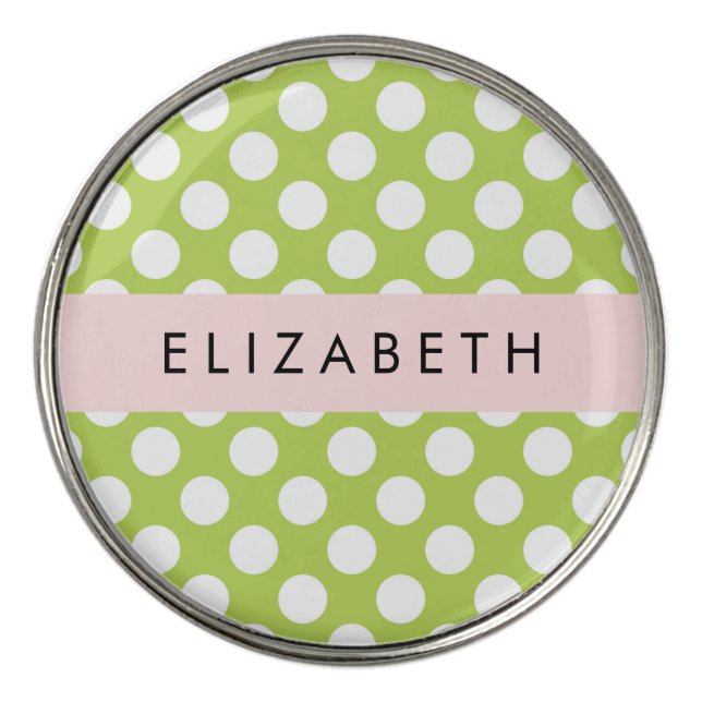 Green Polka Dots, Polka Dot Pattern, Your Name Golf Ball Marker (Front)