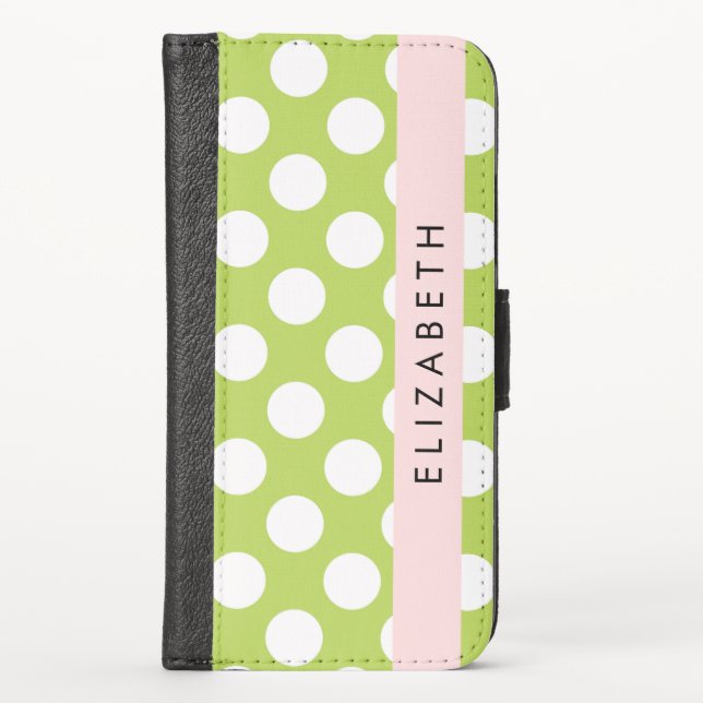 Green Polka Dots, Polka Dot Pattern, Your Name iPhone Wallet Case (Front)