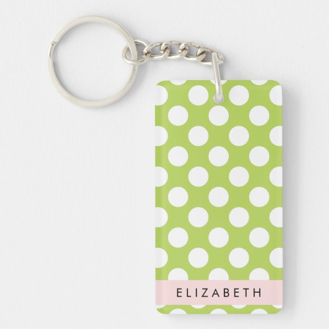 Green Polka Dots, Polka Dot Pattern, Your Name Keychain (Front)