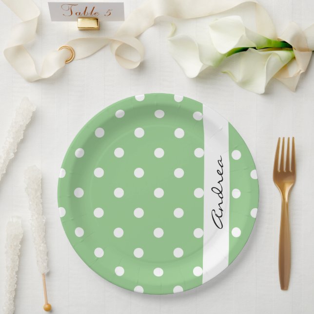 Green Polka Dots, Polka Dot Pattern, Your Name Paper Plates (Wedding)
