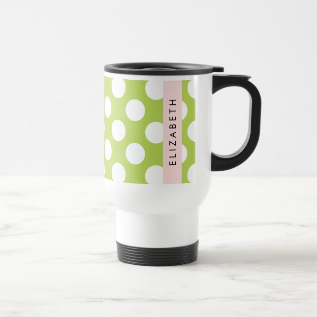 Green Polka Dots, Polka Dot Pattern, Your Name Travel Mug (Right)