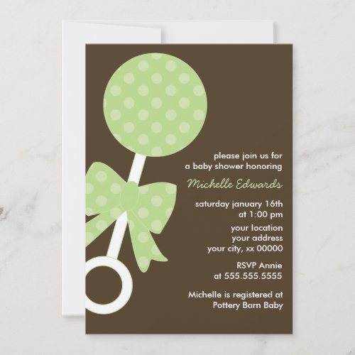 Green Polka Dots Rattle Baby Shower Invitation