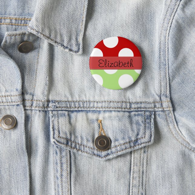 Green Polka Dots, Red Polka Dots, Your Name Pinback Button (In Situ)