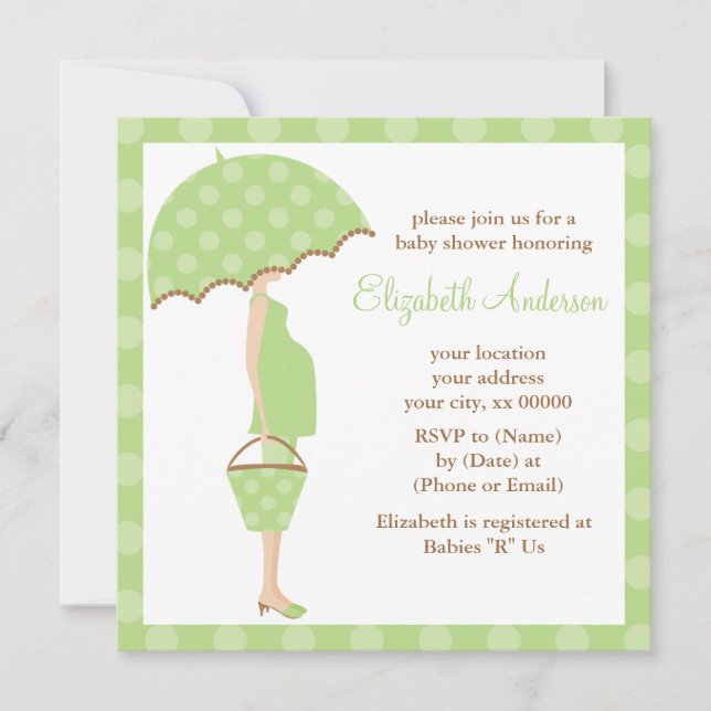Green Polka Dots Umbrella Mom Baby Shower Invitation (Front)