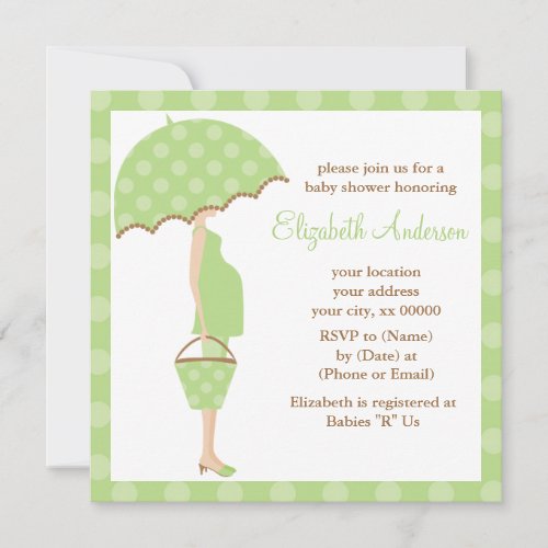 Green Polka Dots Umbrella Mom Baby Shower Personalized Announcements