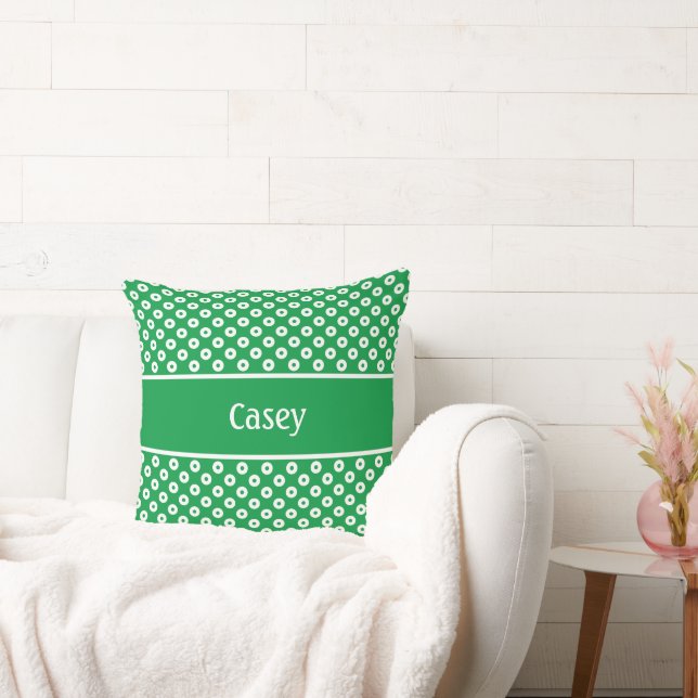 Green Polka-Dots with Name on Stripe Throw Pillow (Couch)