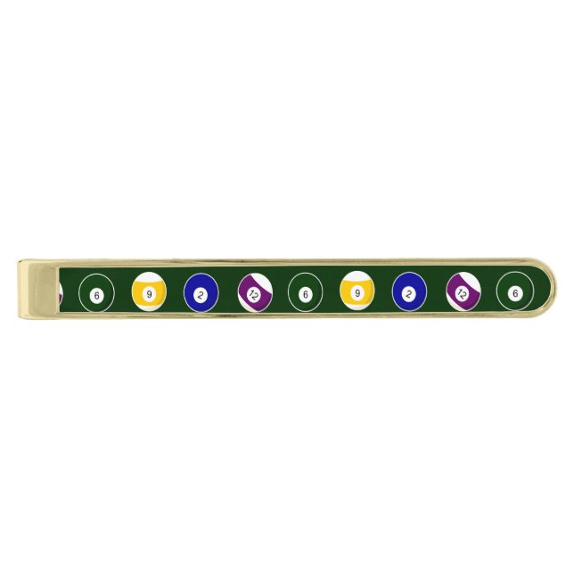 Green Pool Ball Billiards Pattern Gold Finish Tie Bar (Front)