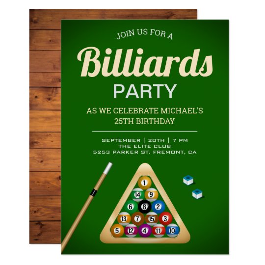 Green Pool Table Billiards Snooker Birthday Party Invitation