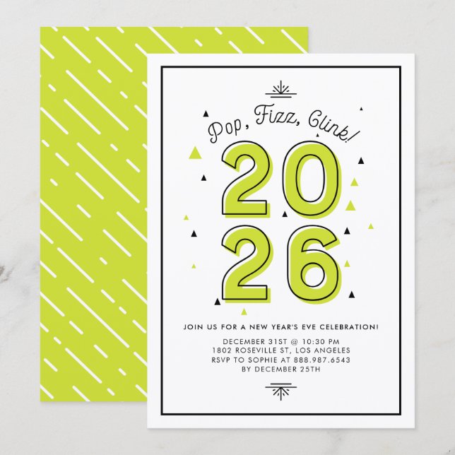 Green Pop Fizz Clink 2026 New Year's Eve Party Invitation (Front/Back)