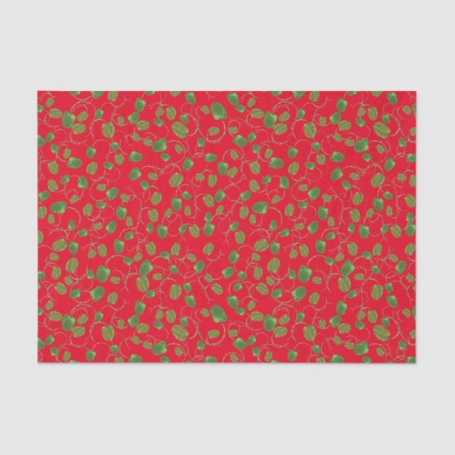Green Poppy Buds Pattern on Red to Customize Tissue Paper (Front)