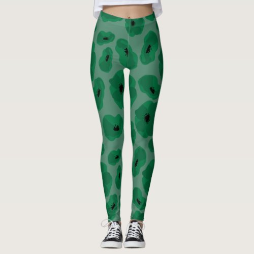 Green poppy seamless roses pattern leggings