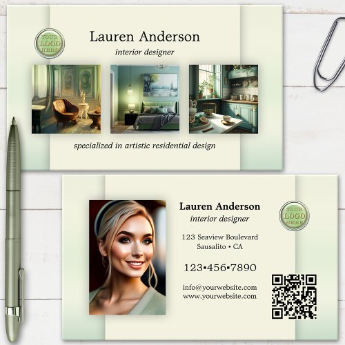 Green Portfolio Logo QR Code Interior Designer Business Card