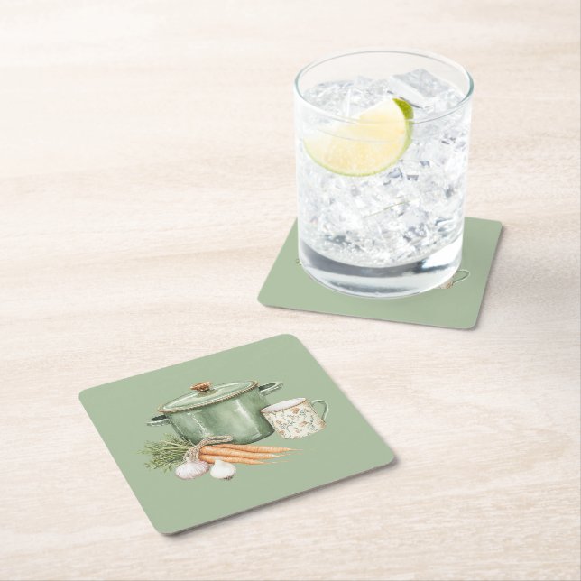 Green Pot Carrots  Square Paper Coaster (Insitu)