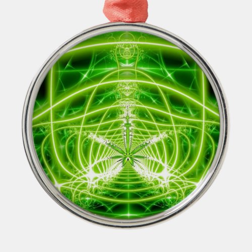 Green Pot Leaf Fractal Metal Ornament