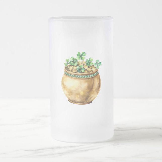 Green Pot of Gold Shamrocks St. Patrick's Day   Frosted Glass Beer Mug (Center)