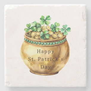 Green Pot of Gold Shamrocks St. Patrick's Day Stone Coaster