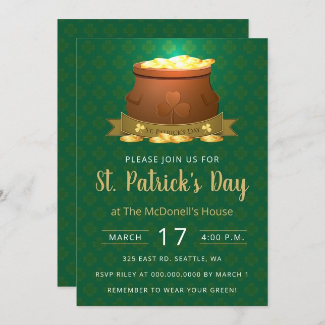 Green Pot of Gold St Patricks Day  Invitation (Front/Back)