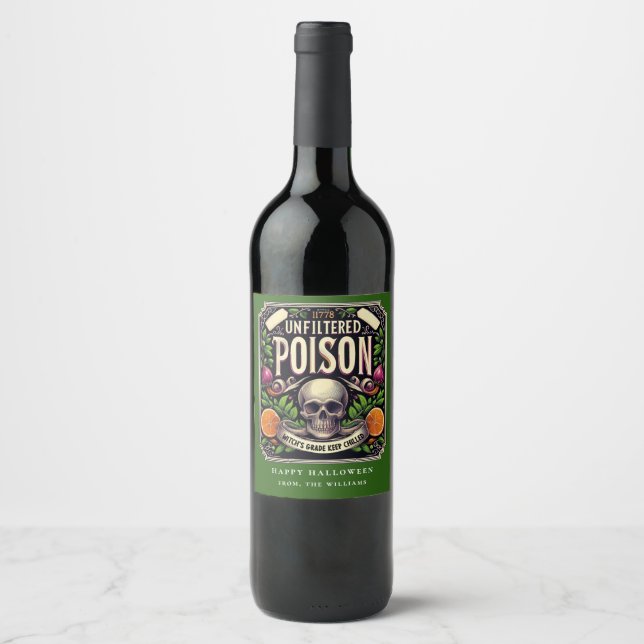 Green Potion Halloween Skeleton Poison Wine Label (Front)