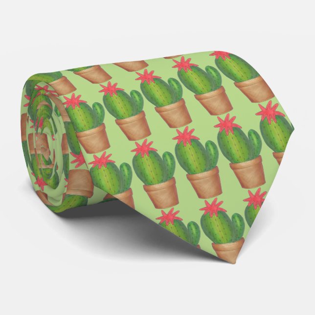 Green Potted Plant Cactus Cacti Gardening Tie (Rolled)